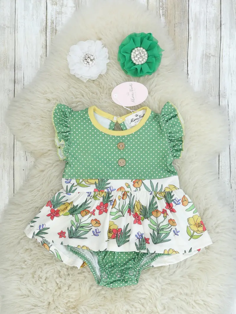 Olive Floral Bubble Romper With Ruffle Details 1