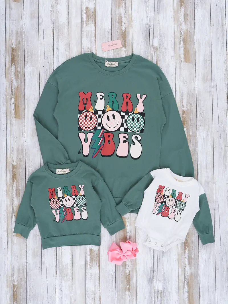 Olive "Merry Vibes" Mom-And-Me Crew Neck Top 1