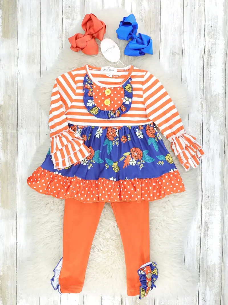 Orange-And-Blue Floral Ruffle Two-Piece Outfit 1