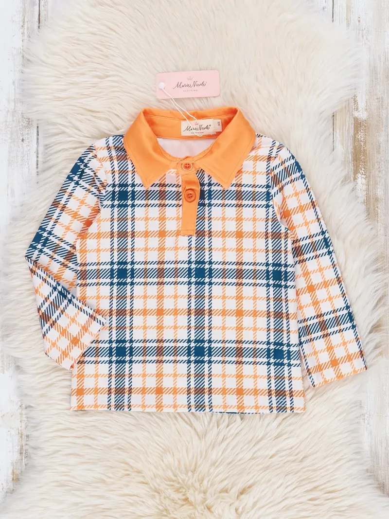 Orange And Blue Plaid Collared Polo Shirt For Toddlers 1