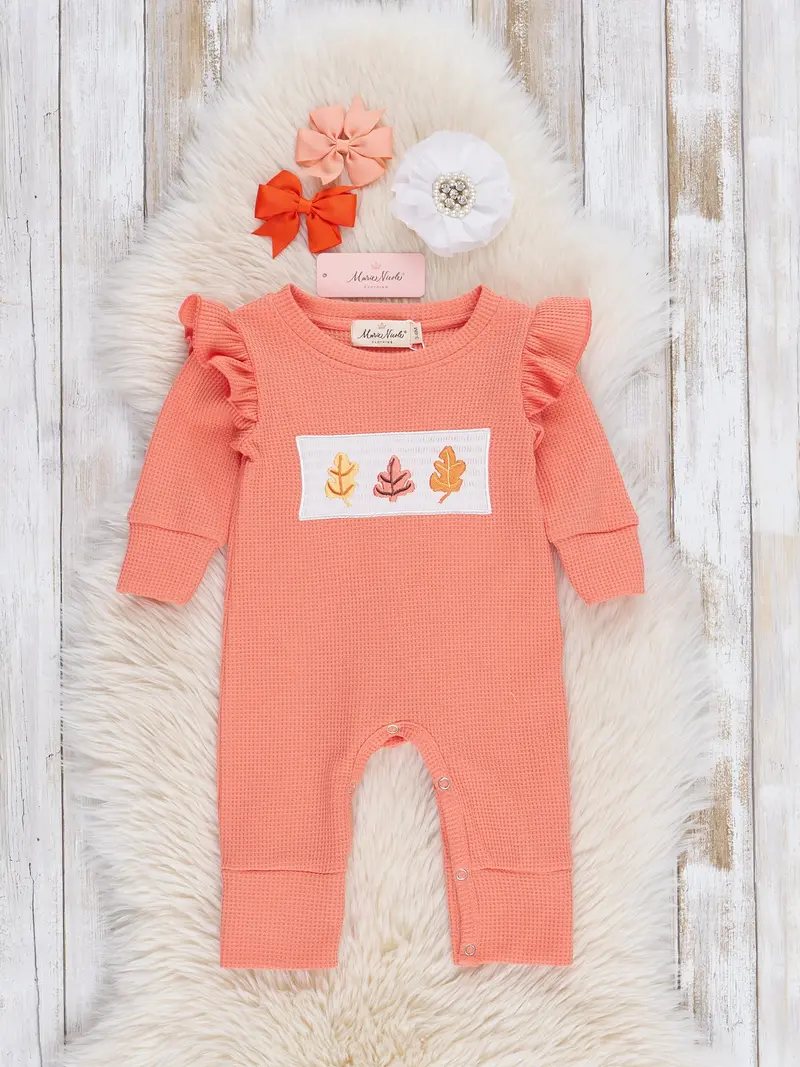 Orange Autumn Leaves Smocked Ruffle Romper 1