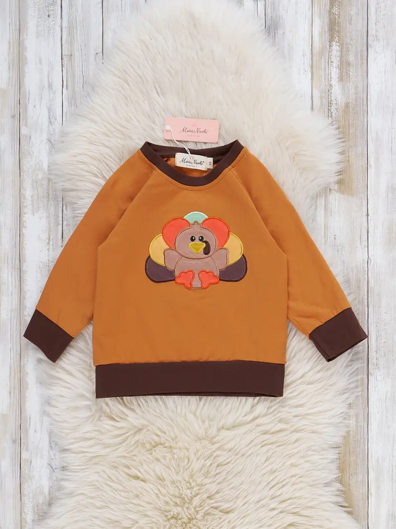 Orange-Brown Turkey-Print Embroidered Short-Sleeve Top 1