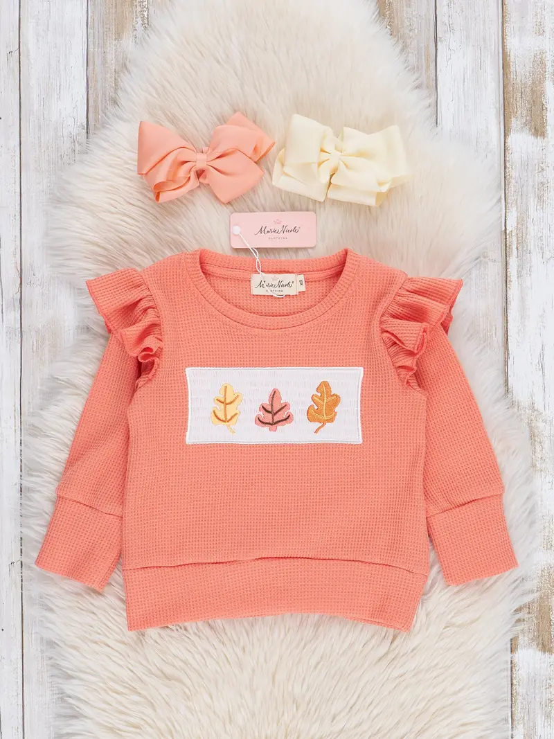 Orange Smocked Autumn Leaves Ruffle Top 1