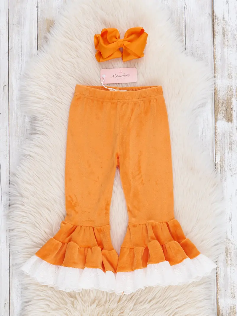 Orange Velvet Bell Bottoms With Lace Trim 1