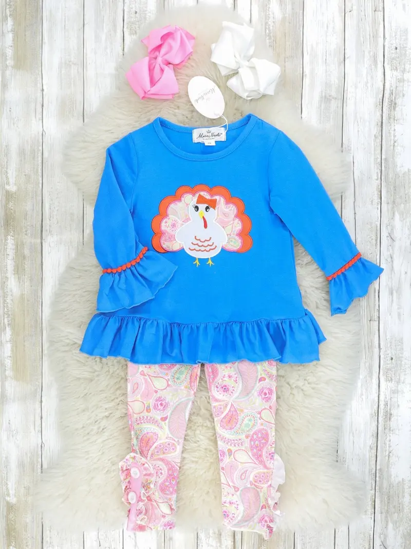 Paisley Turkey Ruffle Outfit – Blue & Pink 1