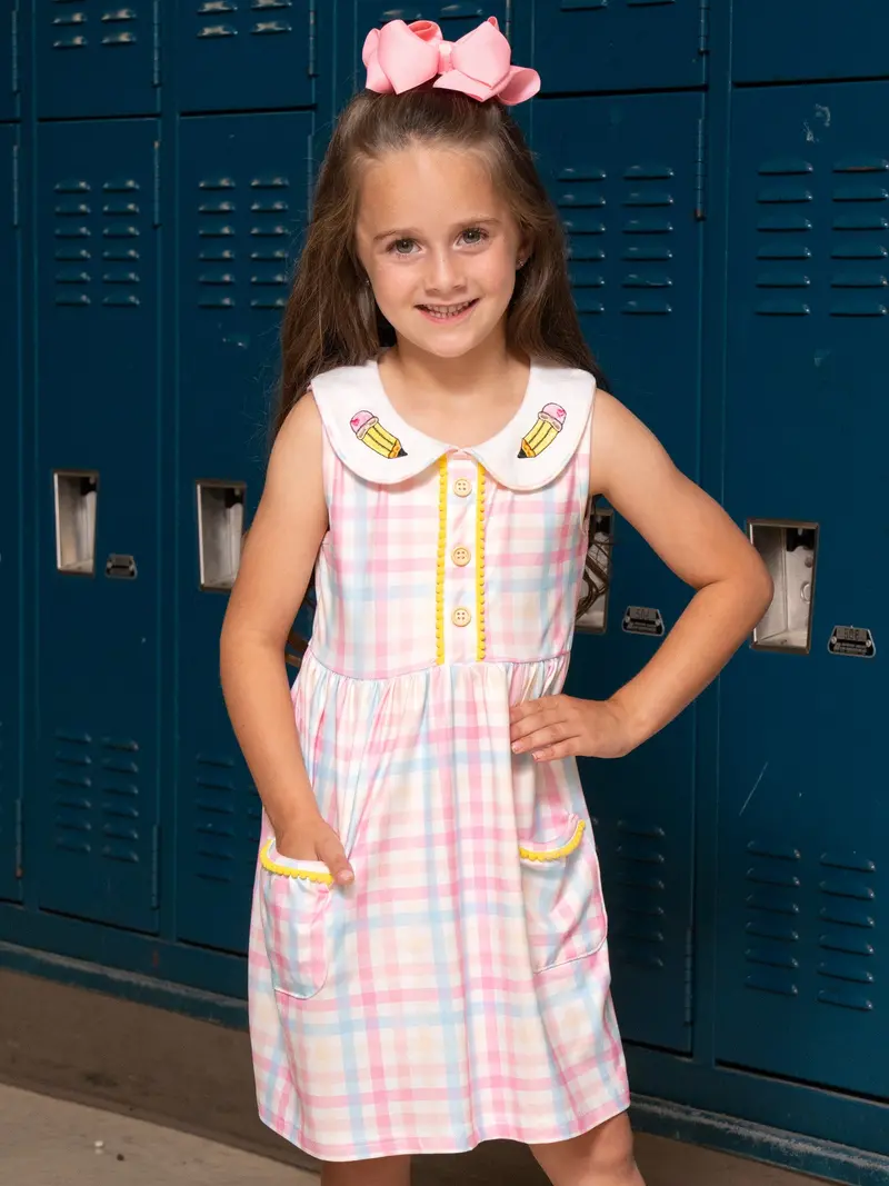 Pastel Pencil Embroidery Plaid Ruffle Dress 1