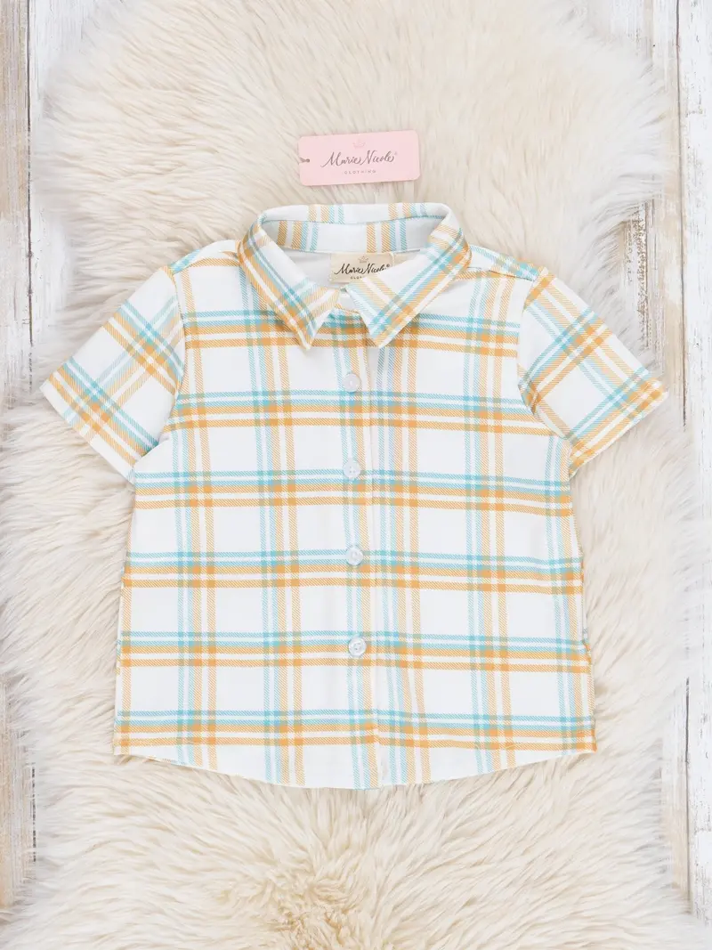 Peach And Green Plaid Button-Down Shirt 1