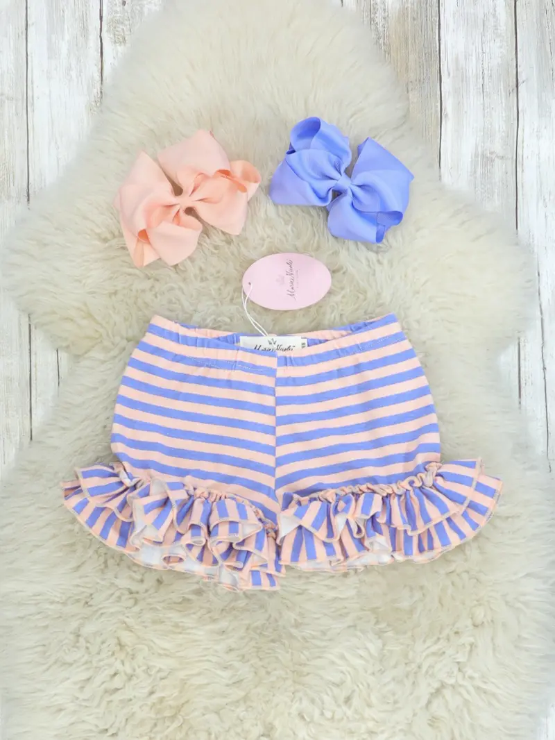 Peach And Orchid Striped Cotton Ruffle-Trimmed Shorts 1