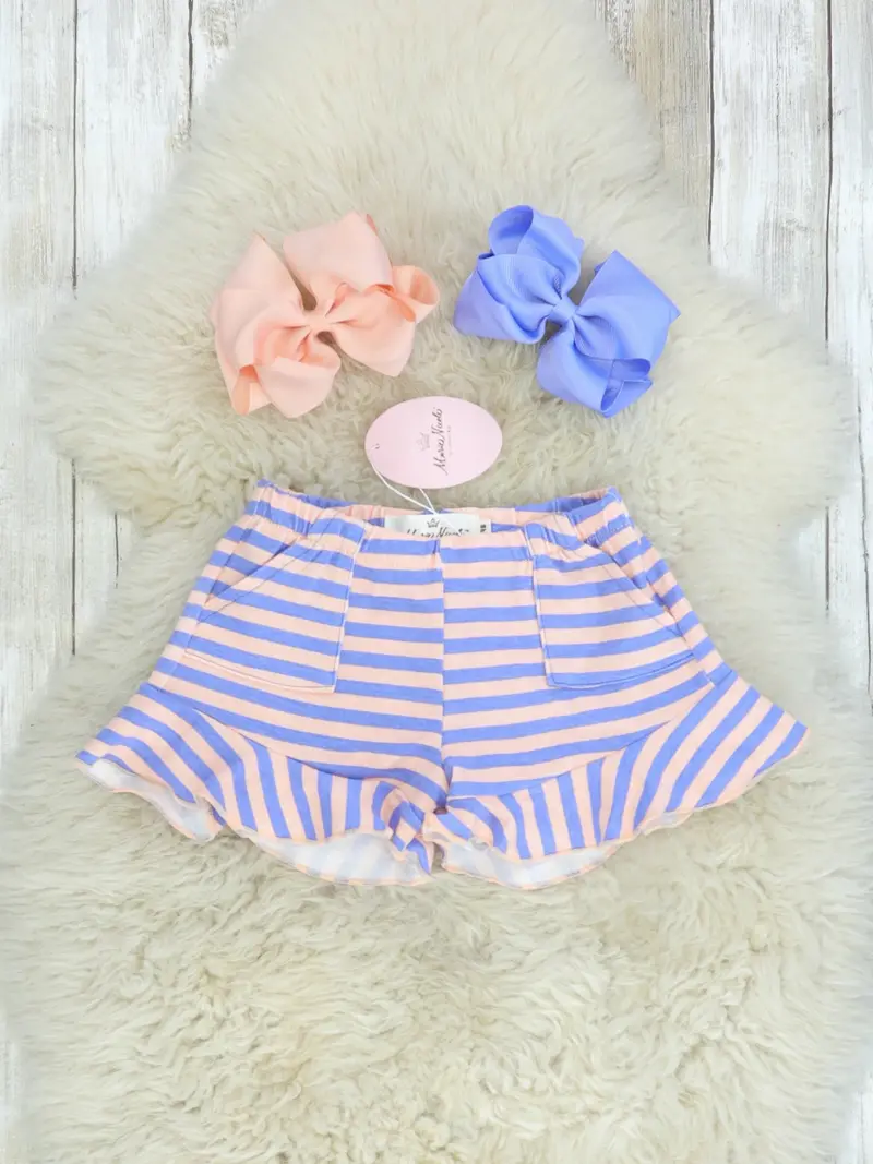 Peach And Orchid Striped Pocket Ruffle Shorts 1