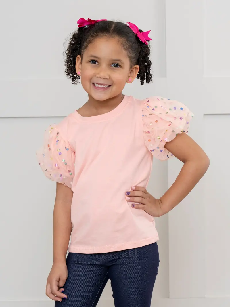 Peach Confetti Print Puff-Sleeve Top 1