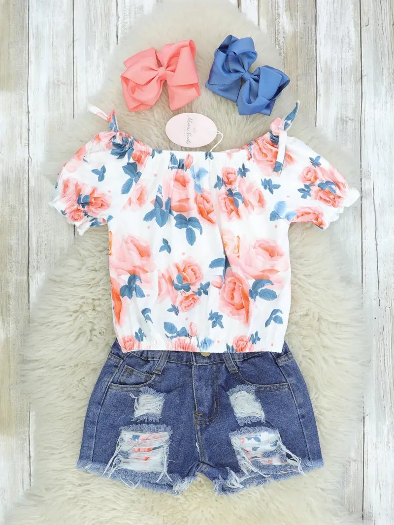 Peach Floral Tie-Neck Shirt With Distressed Denim 1