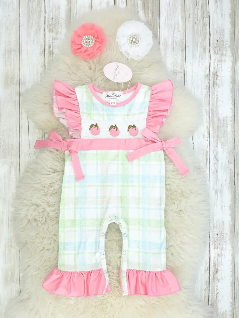 Peach Plaid Smocked Ruffle Romper For Toddlers 1