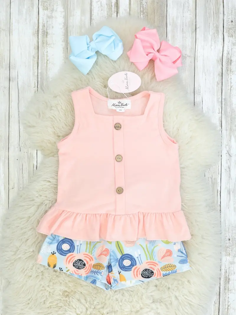 Peach Ruffle Tank Top With Floral Print Shorts 1