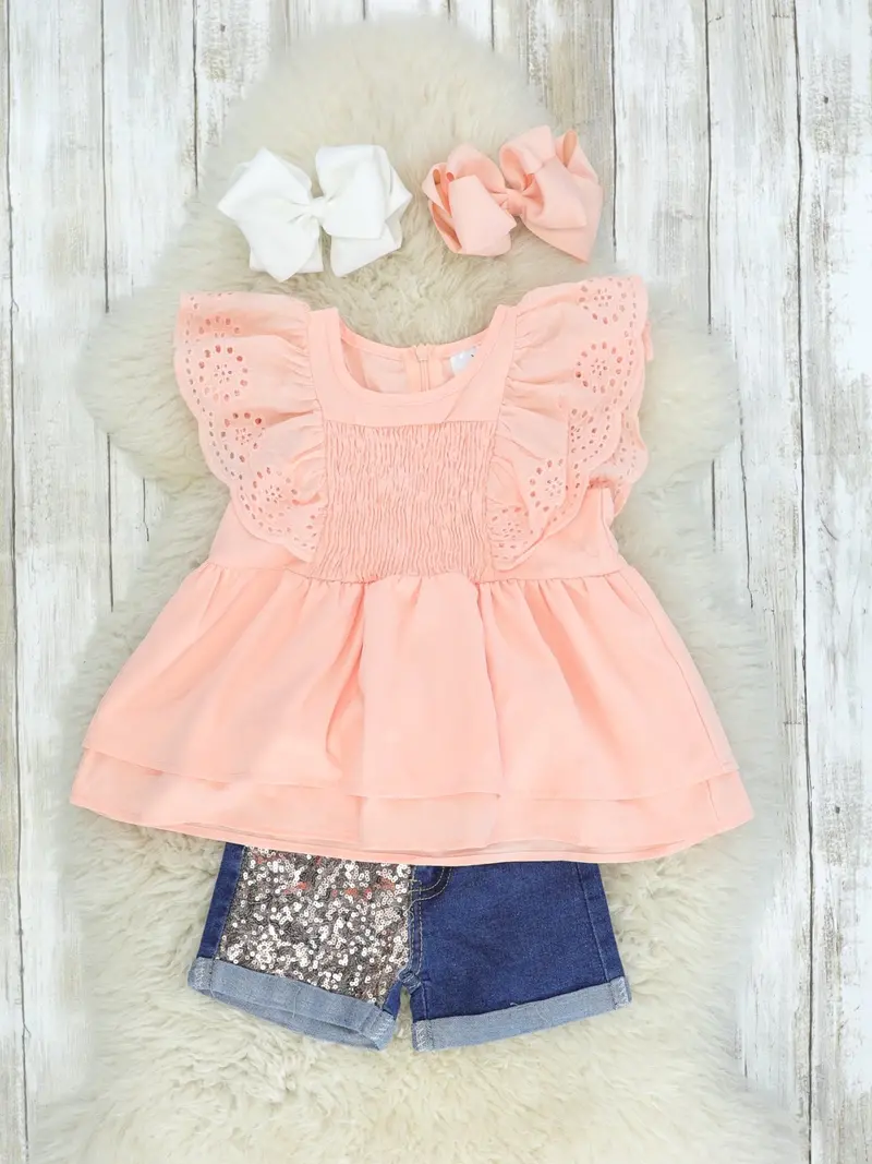 Peach Ruffle Top Paired With Sequin-Detail Denim 1