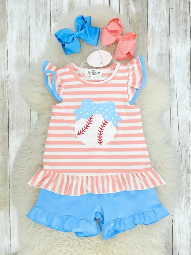 Peach Striped Baseball-Inspired Ruffle Outfit 1