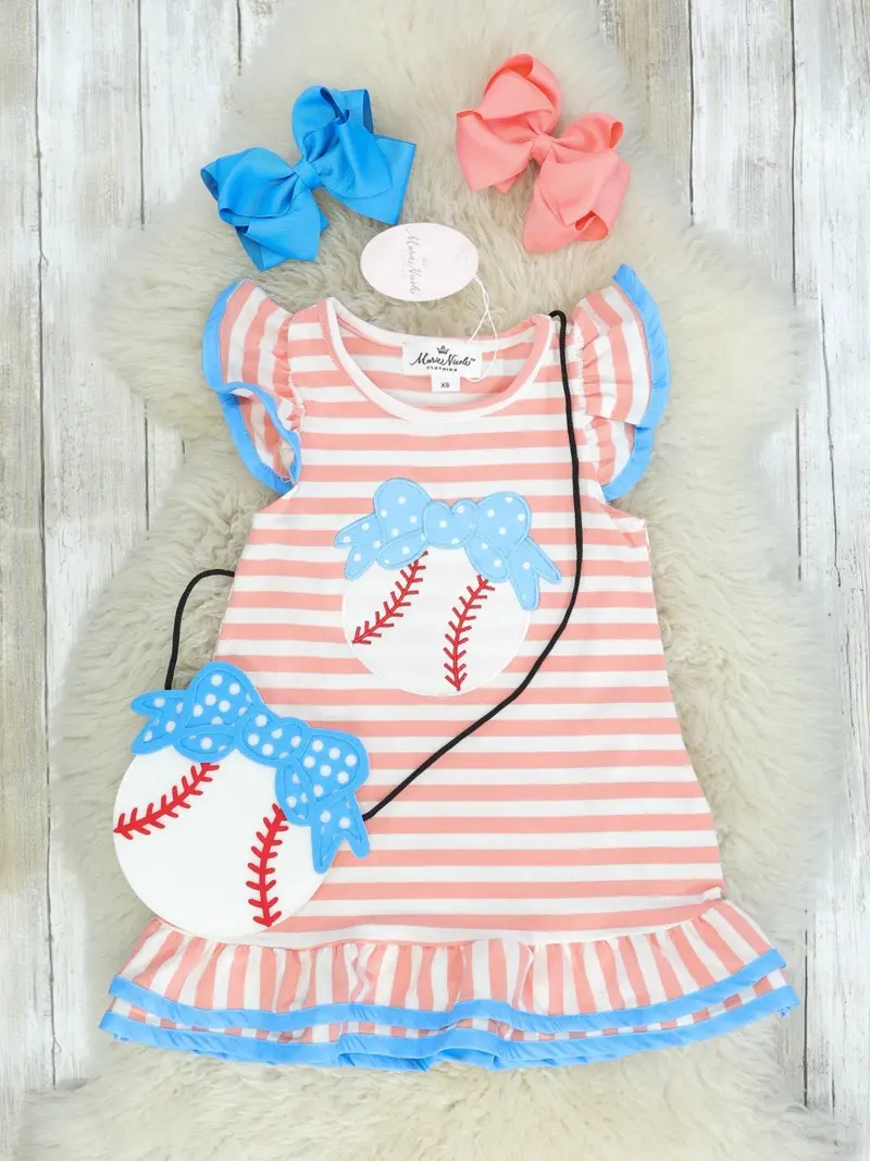Peach Striped Baseball-Style Ruffle Dress And Purse Set 1
