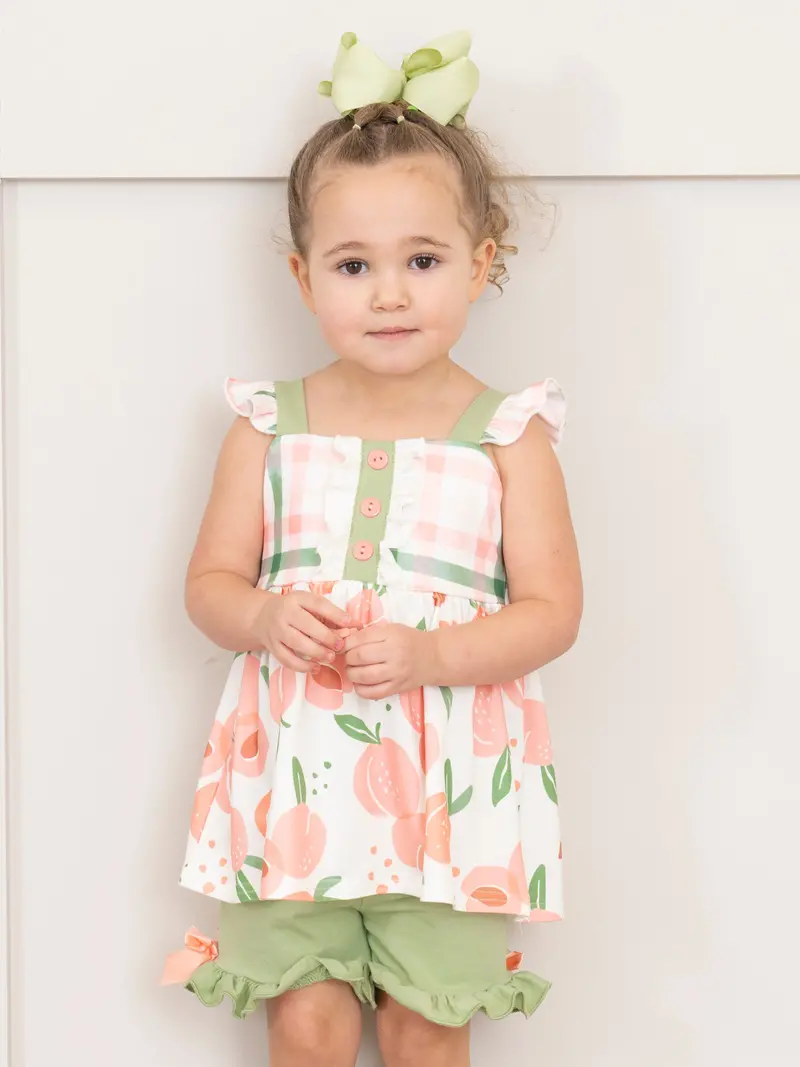 Peaches & Green Gingham Ruffle Baby Outfit Set 1