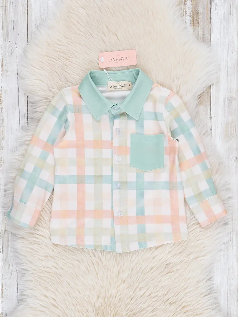 Peachy Mint Plaid Short-Sleeve Button-Up Shirt 1
