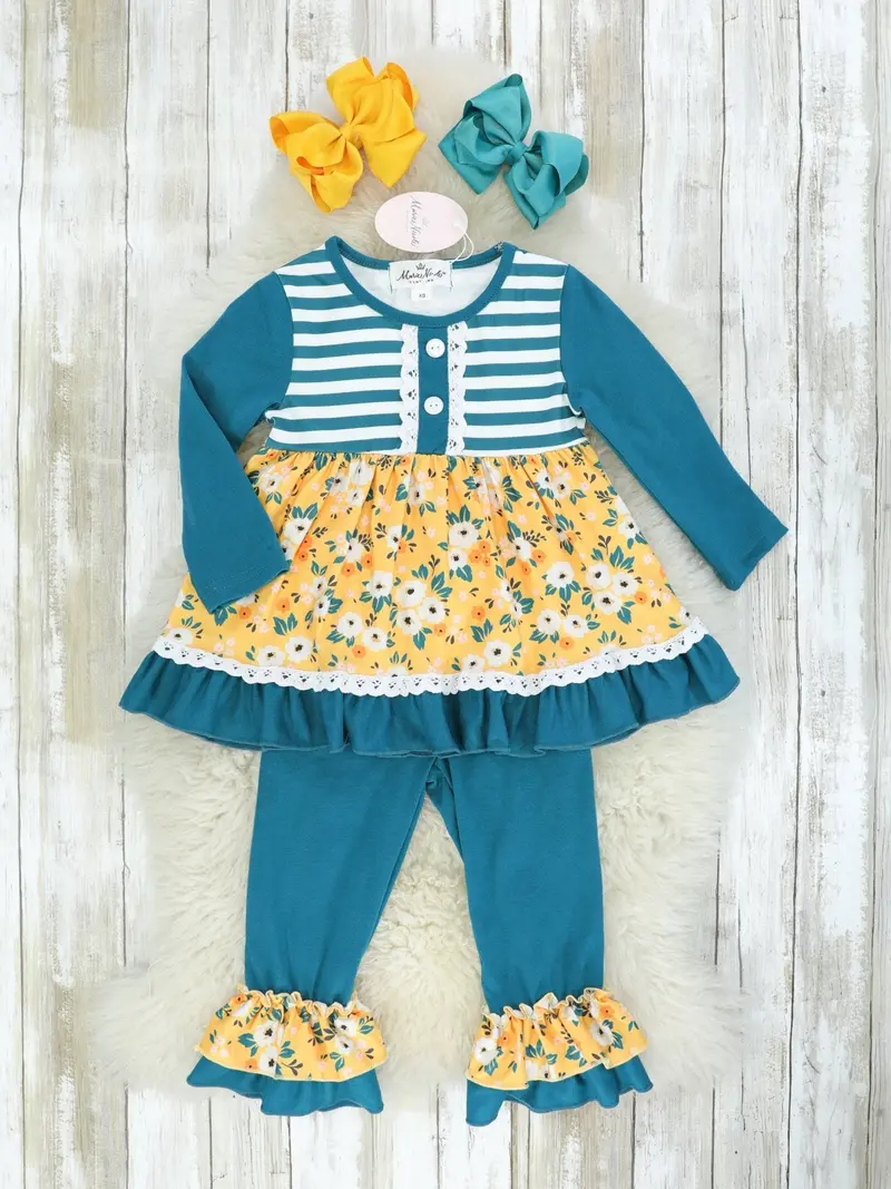 Peacock Blue Striped Floral Ruffle Matching Set 1