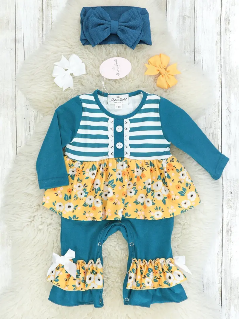 Peacock Blue Striped Floral Ruffle Romper 1