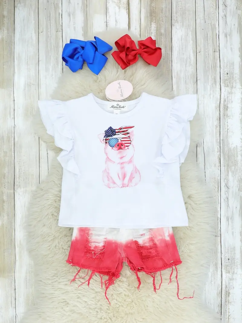 Pig-Print Top And Ombre Shorts Set – Red, White & Blue 1