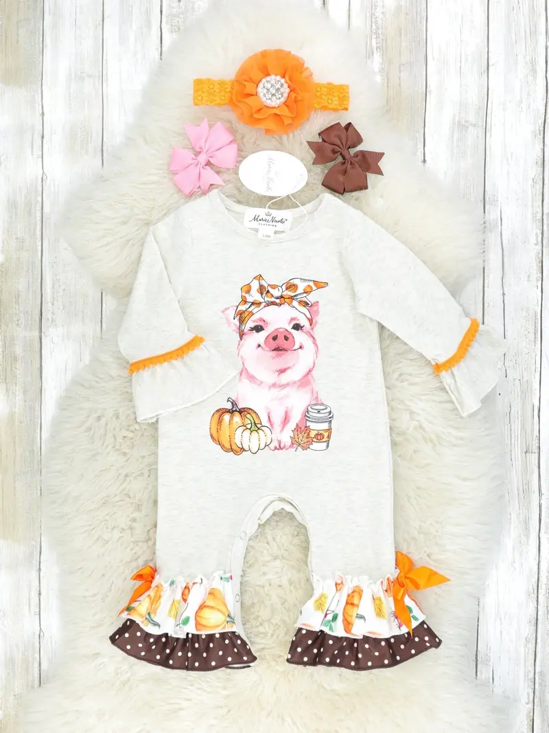 Piggy-Themed Pumpkin Patch Ruffle Romper 1
