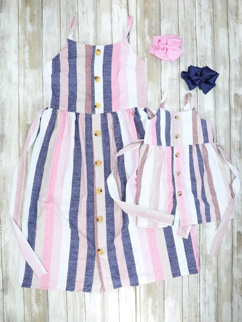 Pink And Blue Pinstriped Dress Matching Set 1