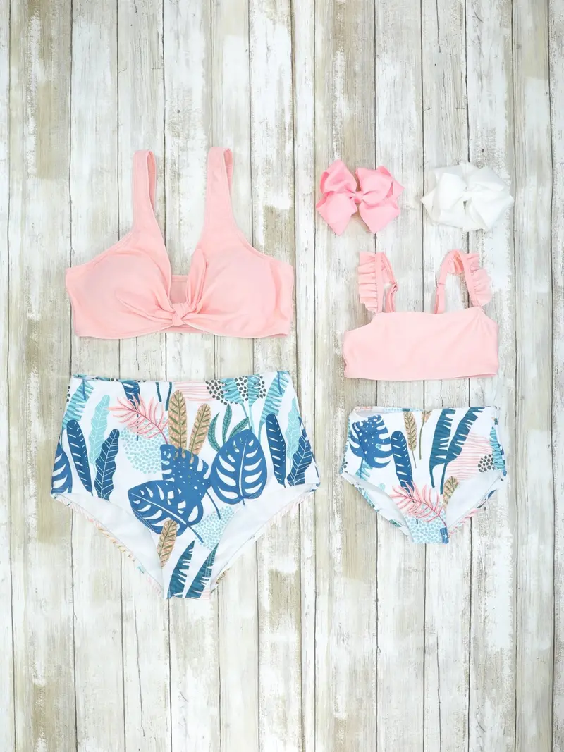 Pink And Blue Tropical Print Swimsuit Pair 1