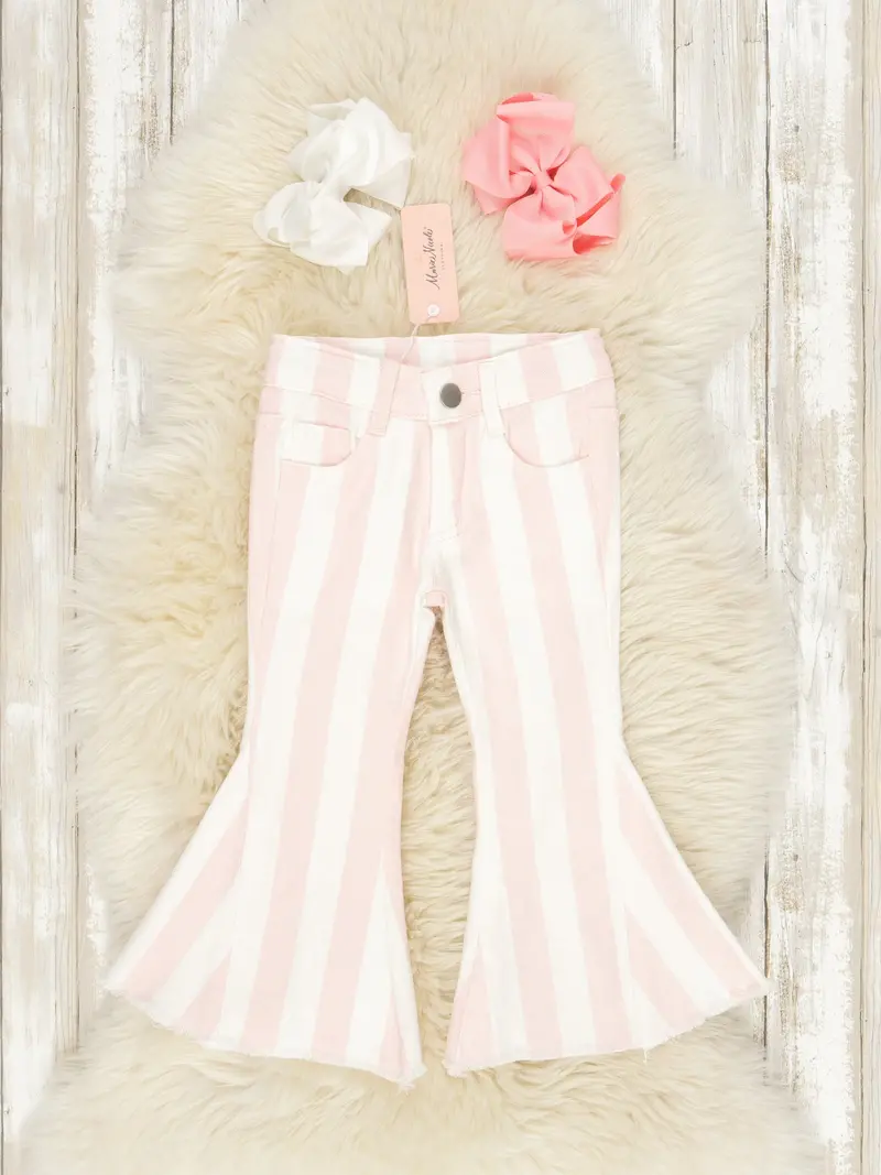 Pink And White Striped Bell-Sleeve Denim Pants 1