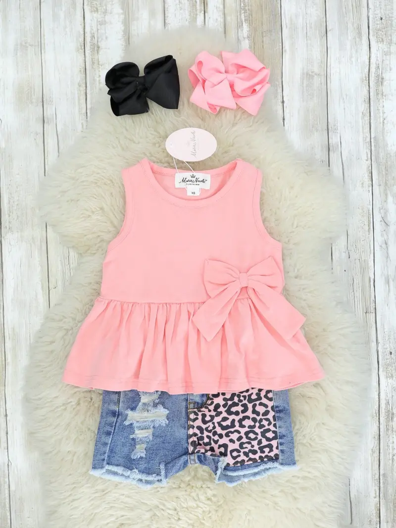 Pink Bow Tank And Leopard-Denim Distressed Set 1
