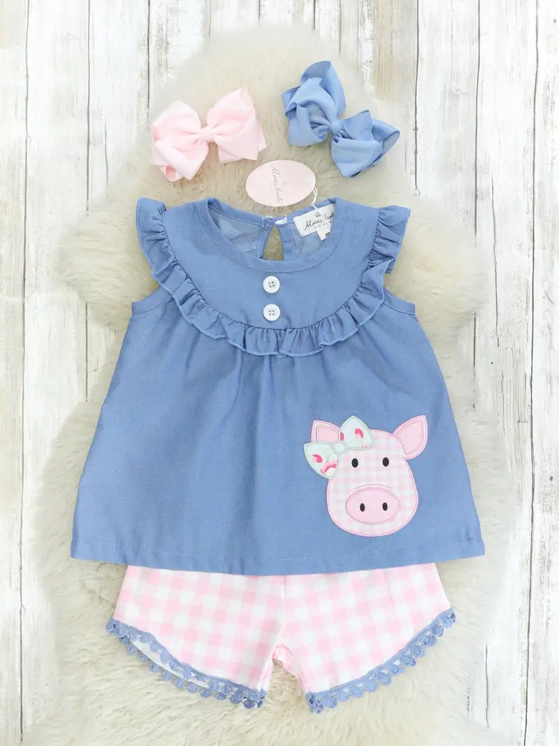 Pink Chambray Piggy Shorts Set With Coordinating Top 1