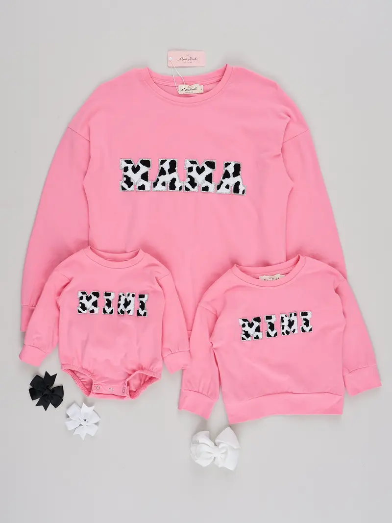 Pink Cow Print Mom-And-Me Chenille Shirt Set – "Mama & Mini" 1