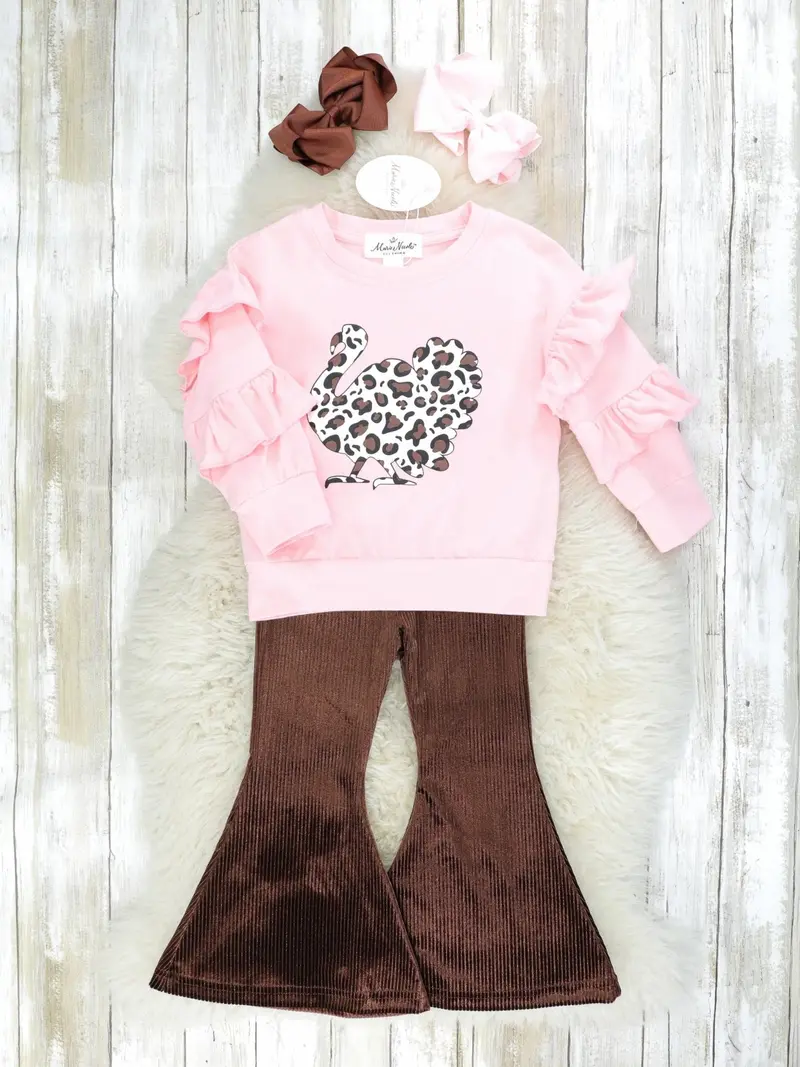 Pink Cow Print Ruffle Top And Bell Bottom Set 1