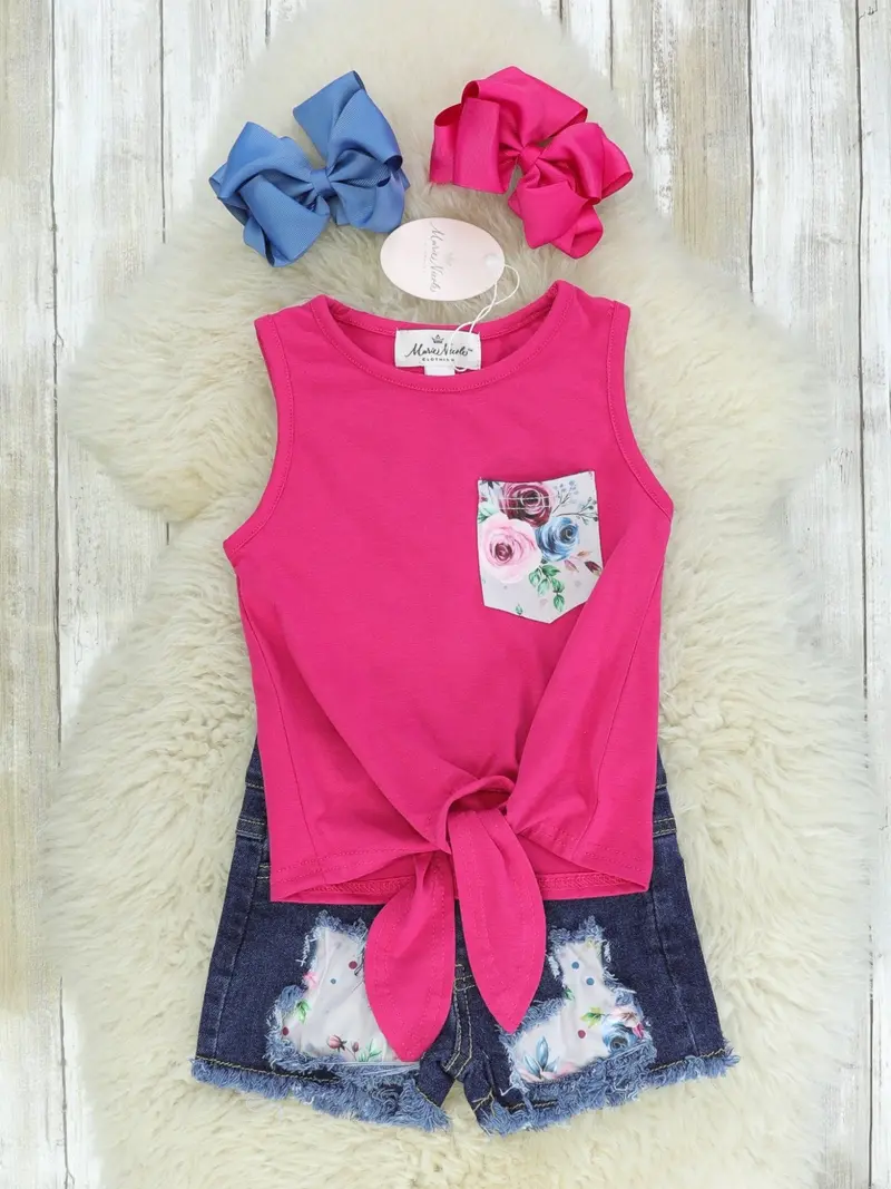 Pink Floral Knot Tank Top And Denim Outfit 1