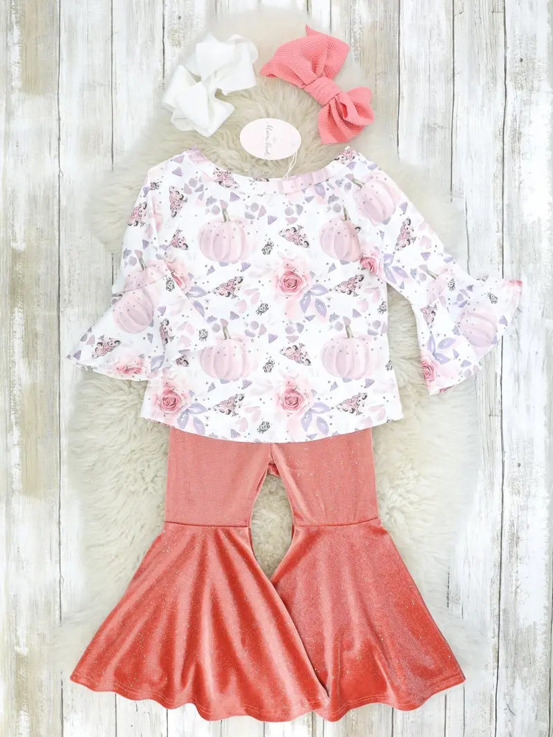 Pink Floral Pumpkin Top With Velvet Bell Bottom Pants 1
