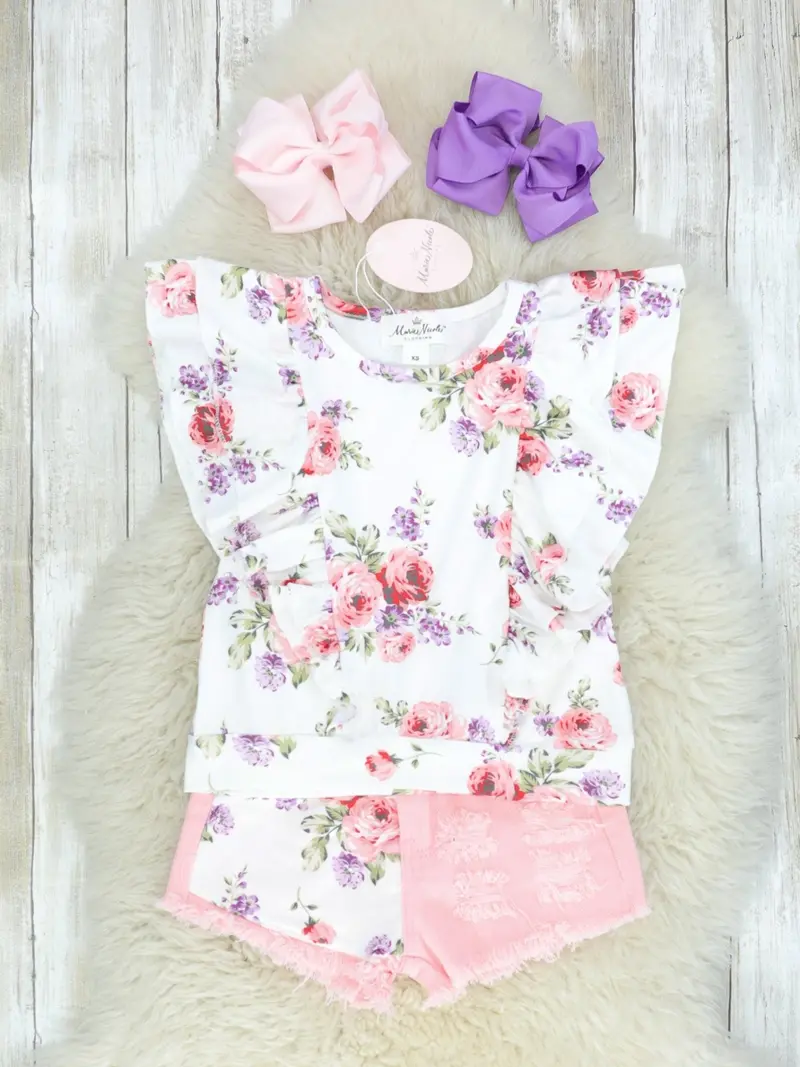 Pink Floral Ruffle Top And Distressed Denim Shorts 1