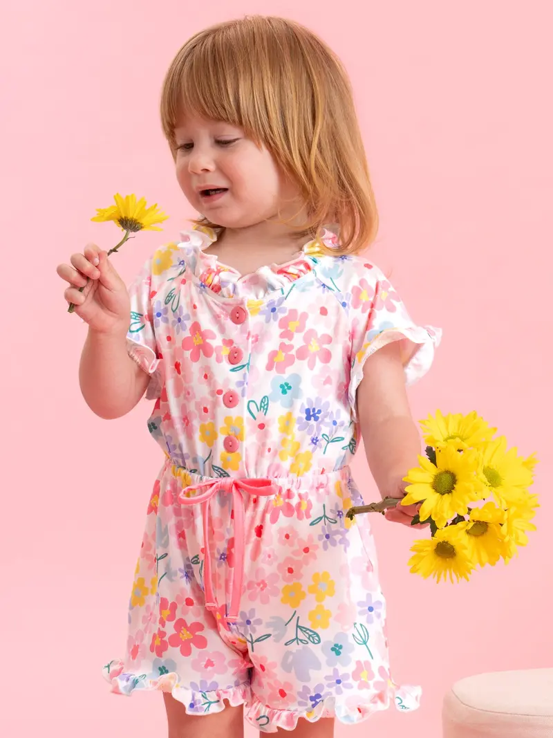Pink Garden Ruffle Romper For Girls 1
