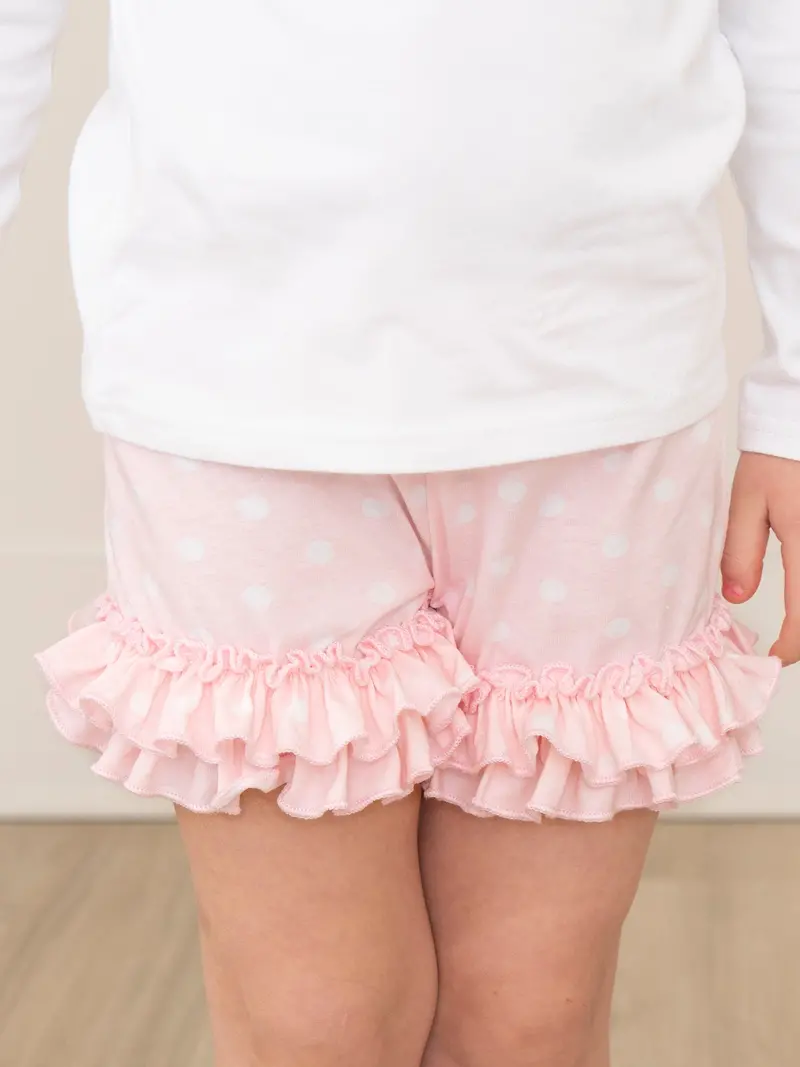 Pink Polka Dot Cotton Shorts With Ruffled Edge 1