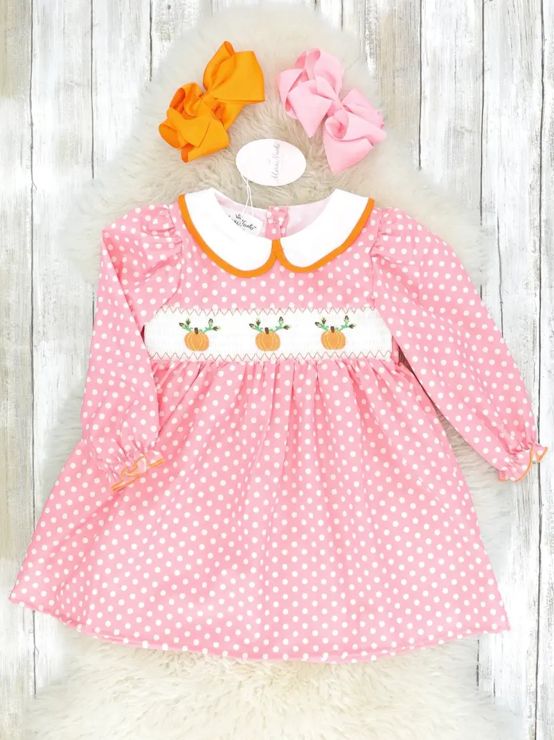 Pink Polka Dot Smocked Pumpkin Dress 1