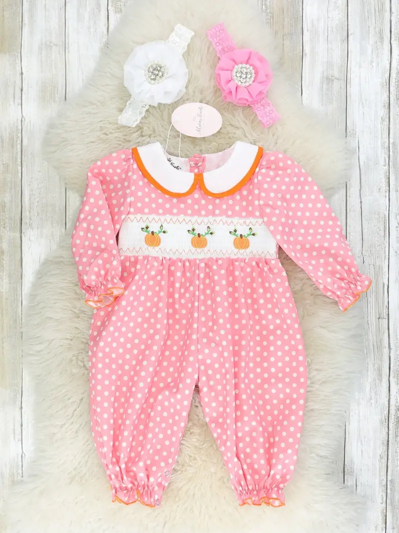 Pink Polka Dot Smocked Pumpkin Romper 1