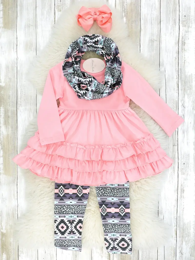 Pink Ruffle Peplum Top With Aztec Print Bottoms And Matching Scarf 1