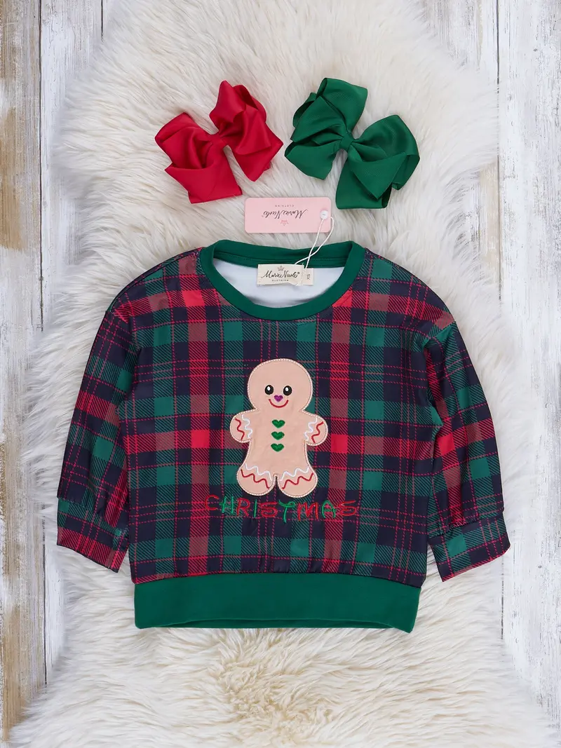 Plaid Gingerbread Embroidered Crew Neck Top 1