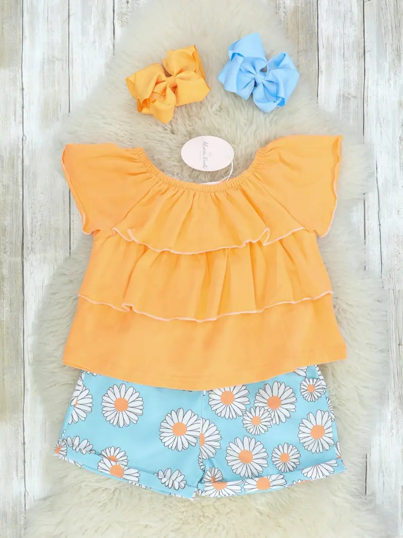 Playful Orange Ruffle Top And Daisy Shorts Matching Set 1