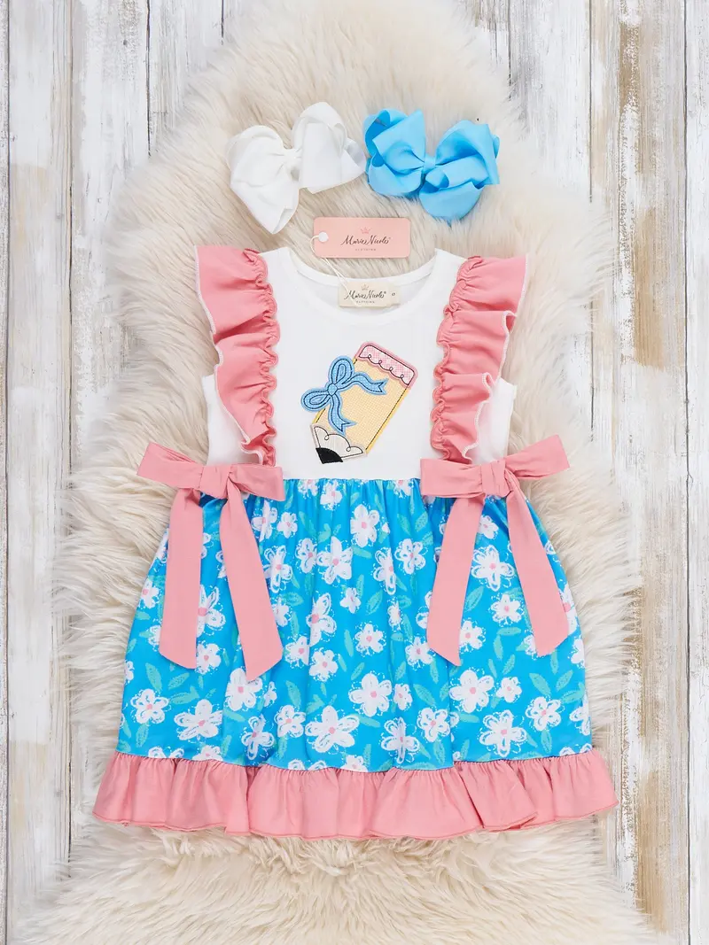 Playtime Pencil Bow Embroidered Ruffle Dress 1