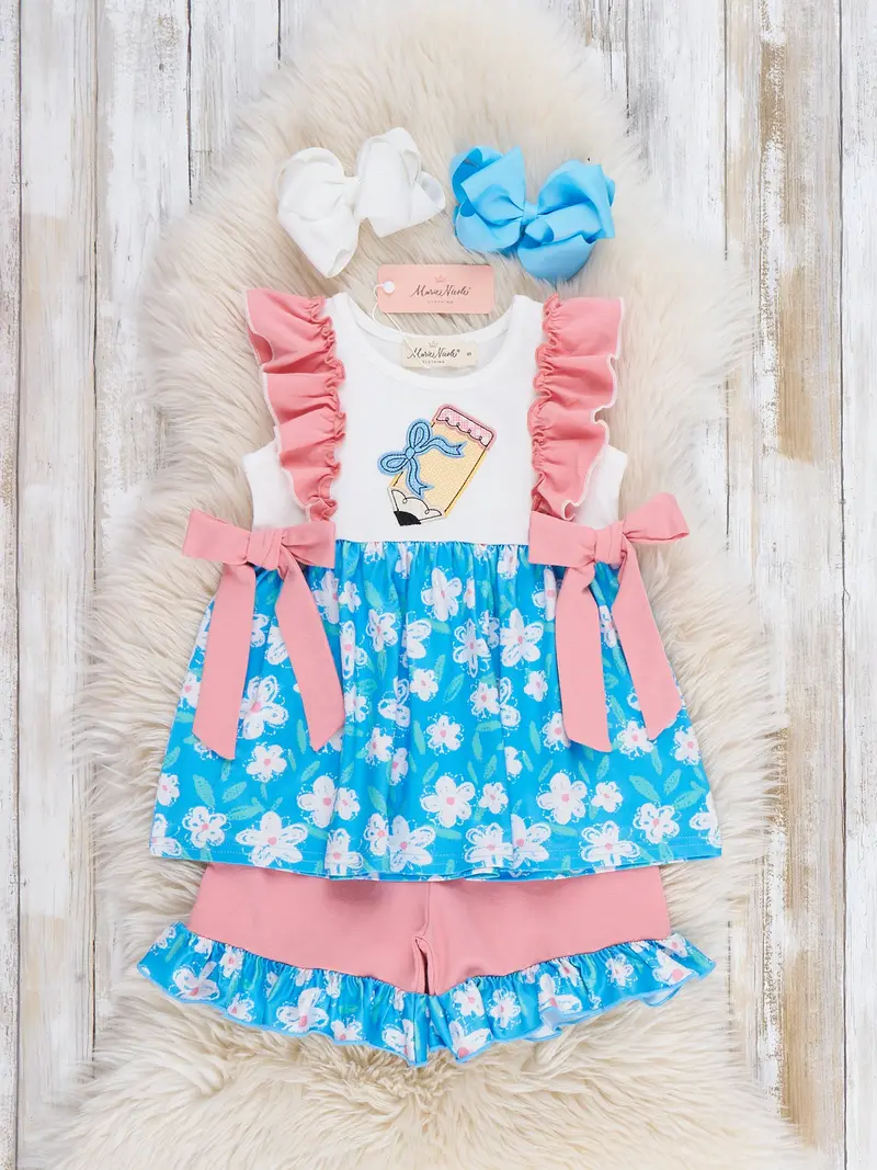 Playtime Pencil Bow Embroidered Ruffle Outfit 1