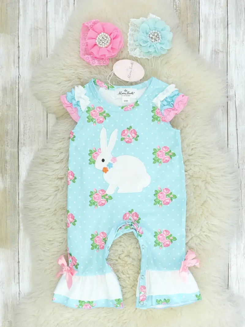 Polka Dot Bunny Romper With Blue And Pink Ruffles 1