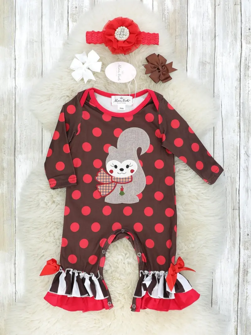 Polka Dot Squirrel Ruffle Romper For Toddlers 1