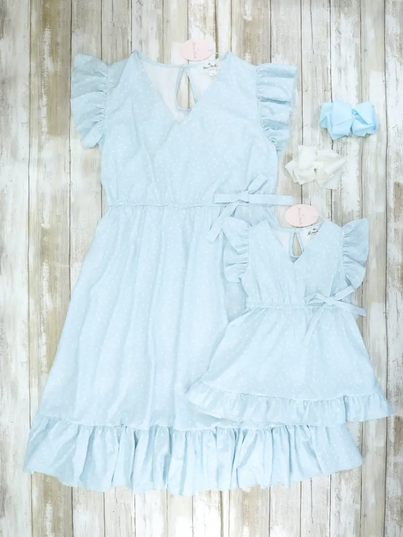 Powder Blue Polka Dot Ruffle Dress Set For Mom And Daughter 1