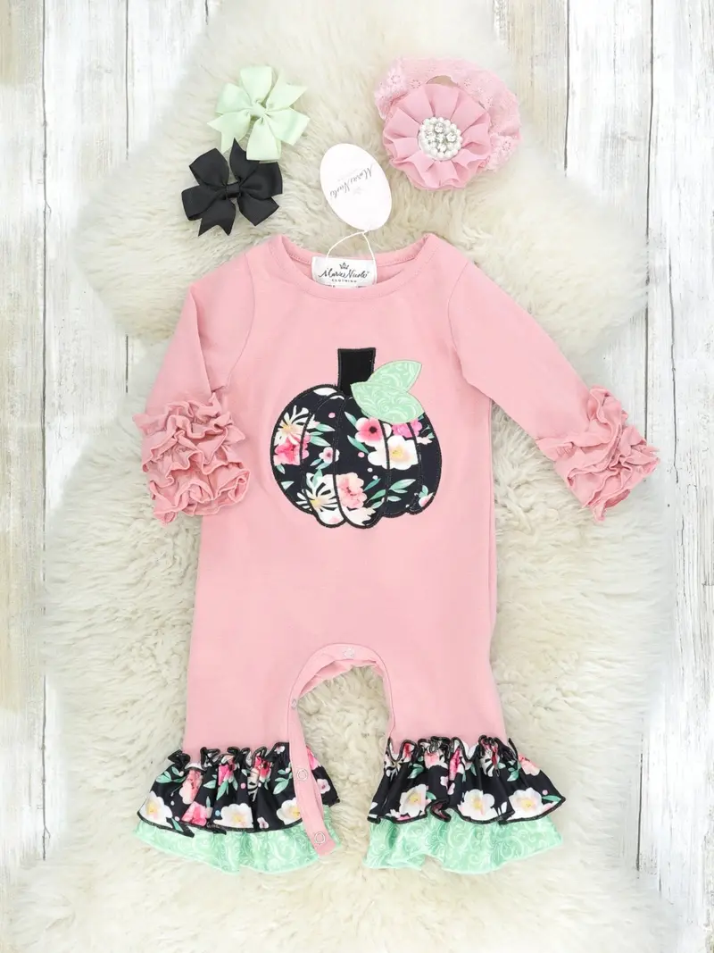 Pumpkin-Themed Pink And Black Floral Ruffle Romper 1