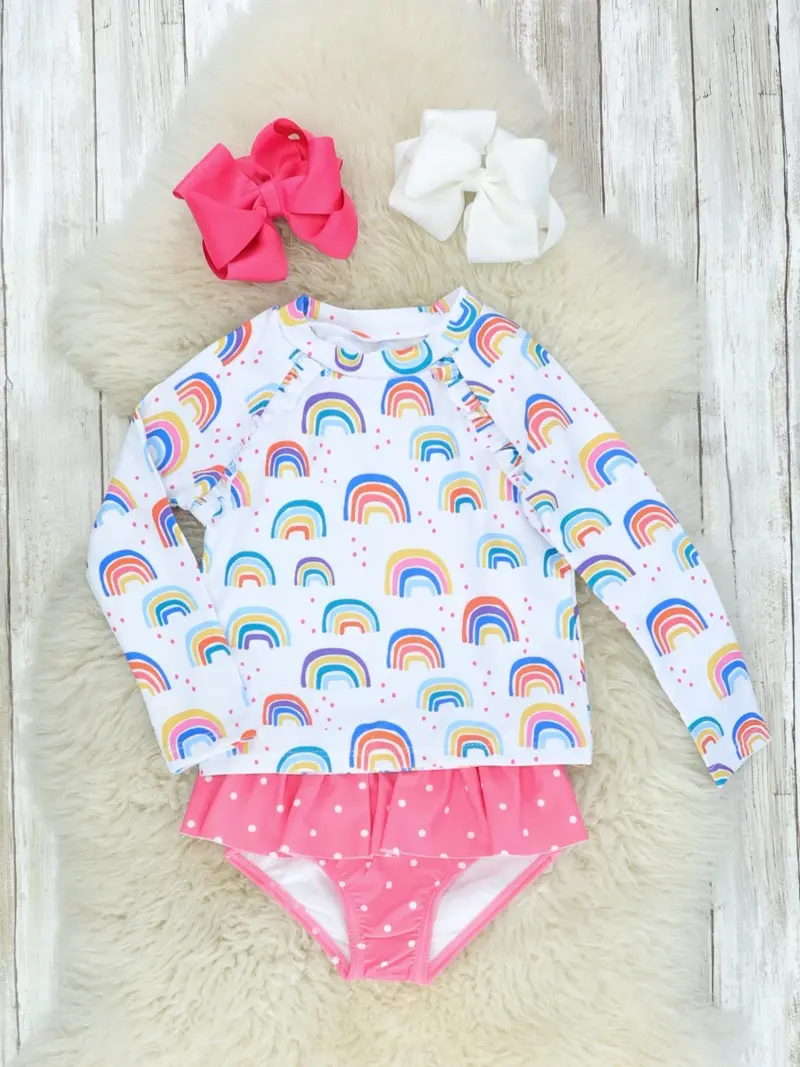 Rainbow Rash Guard And Pink Polka Dot Ruffle Swimsuit 1
